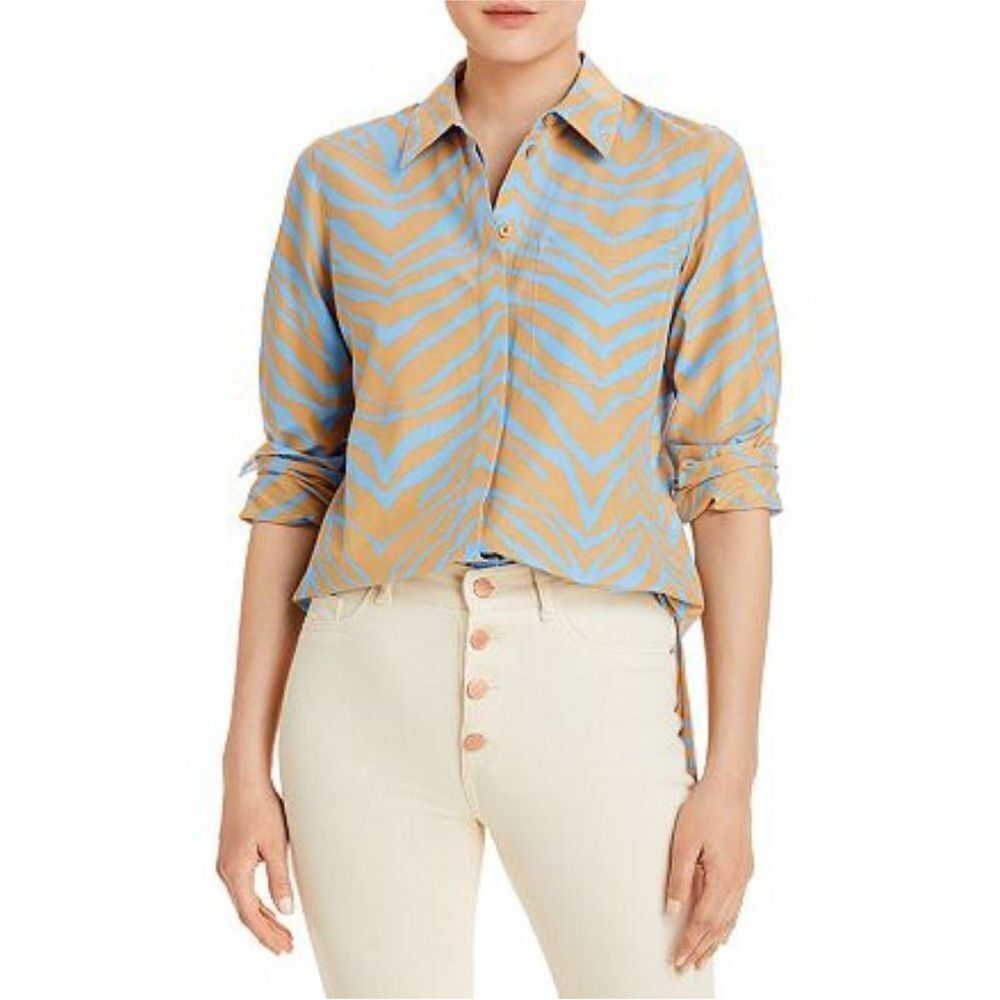 Lafayette 148 Ruxton Blouse – French Blue Stripe, Cotton Silk, Size S